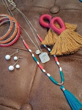 Boho Tassel Beaded Necklace and Earrings. Teal, Coral, Mustard & Gold